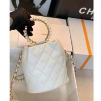 Chanel Women Mini Bucket Bag Calfskin Imitation Pearls Gold Tone Metal White