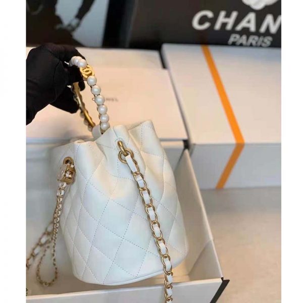 Chanel Women Mini Bucket Bag Calfskin Imitation Pearls Gold Tone Metal White (8)
