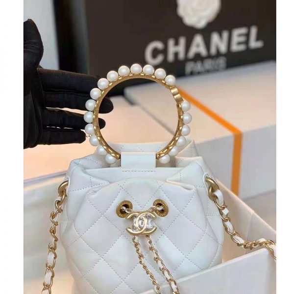 Chanel Women Mini Bucket Bag Calfskin Imitation Pearls Gold Tone Metal White (9)