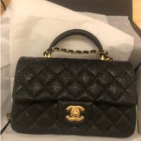 Chanel Women Mini Flap Bag with Top Handle Grained Calfskin Gold Tone Metal Black