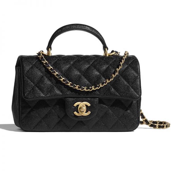 Chanel Women Mini Flap Bag with Top Handle Grained Calfskin Gold Tone Metal Black