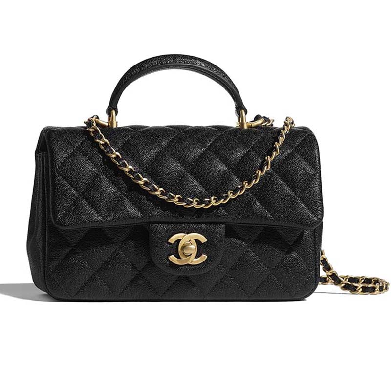 Chanel Women Mini Flap Bag with Top Handle Grained Calfskin Gold Tone Metal  Black - LULUX