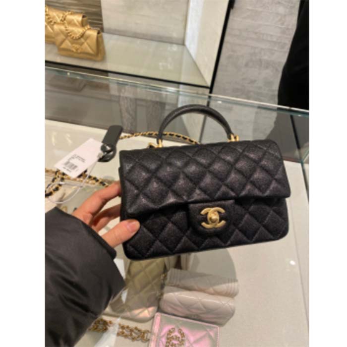 Chanel Women Mini Flap Bag with Top Handle Grained Calfskin Gold Tone Metal Black (3)
