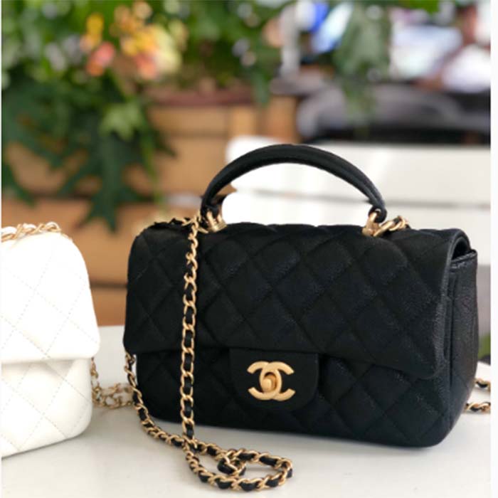 Chanel Flap Bag Top Handle Quilted Grained Calfskin Gold-tone Small Black  in Grained Calfskin with Gold-tone - US