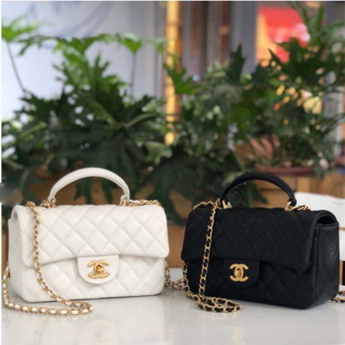 Chanel Women Mini Flap Bag with Top Handle Grained Calfskin Gold Tone Metal Black (5)