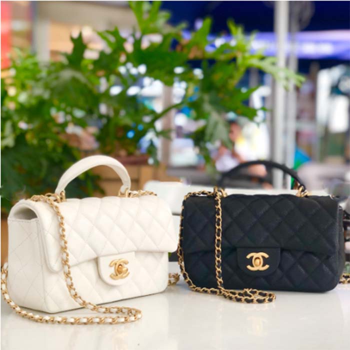Chanel Women Mini Flap Bag with Top Handle Grained Calfskin Gold Tone Metal Black (6)