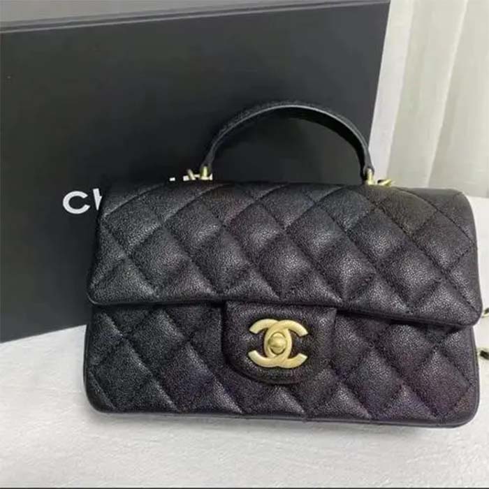 Chanel Women Mini Flap Bag with Top Handle Grained Calfskin Gold Tone Metal Black (7)