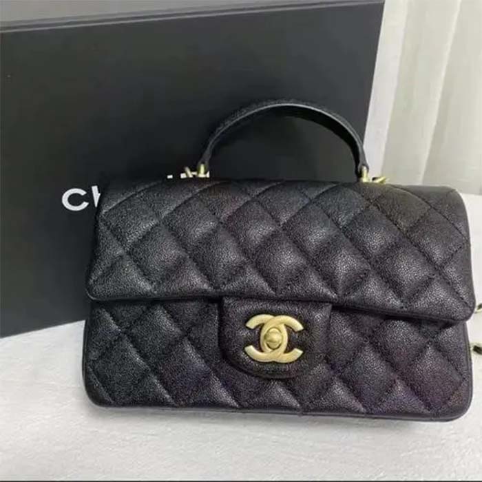 Chanel Flap Bag Top Handle Quilted Grained Calfskin Gold-tone Small Black  in Grained Calfskin with Gold-tone - US