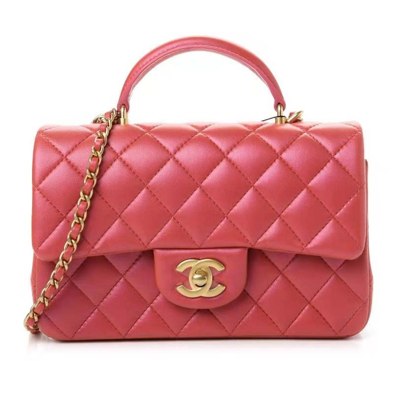 Chanel Women Mini Flap Bag with Top Handle Grained Calfskin Gold-Tone Metal  Red - LULUX