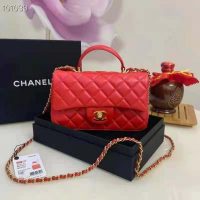 Chanel Women Mini Flap Bag with Top Handle Grained Calfskin Gold-Tone Metal Red