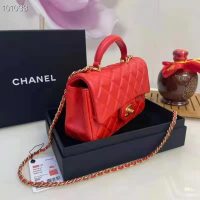 Chanel Women Mini Flap Bag with Top Handle Grained Calfskin Gold-Tone Metal Red