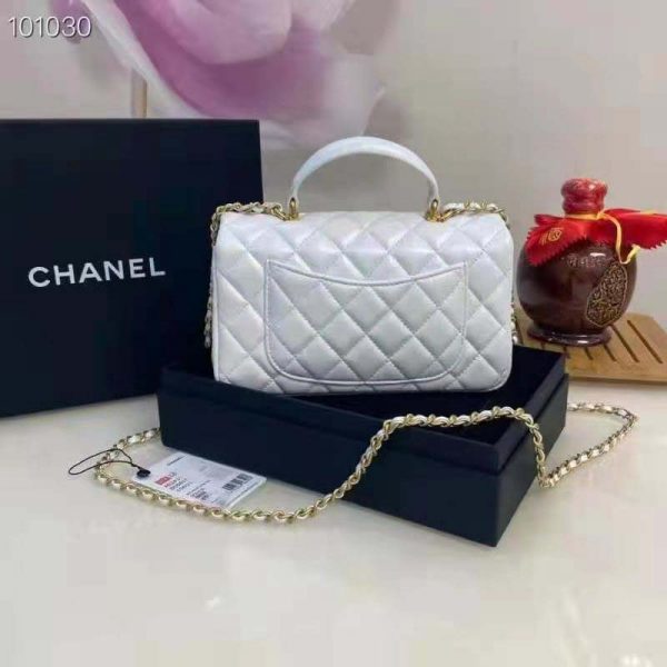 Chanel Women Mini Flap Bag with Top Handle Grained Calfskin Gold Tone Metal White (5)