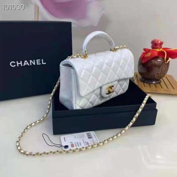 Chanel Women Mini Flap Bag with Top Handle Grained Calfskin Gold Tone Metal White (6)