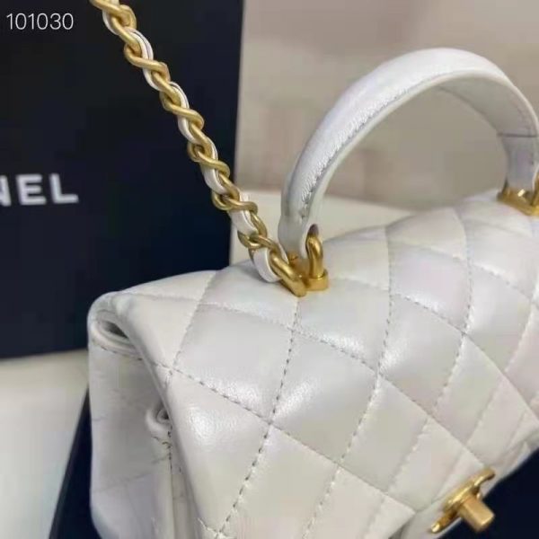 Chanel Women Mini Flap Bag with Top Handle Grained Calfskin Gold Tone Metal White (7)