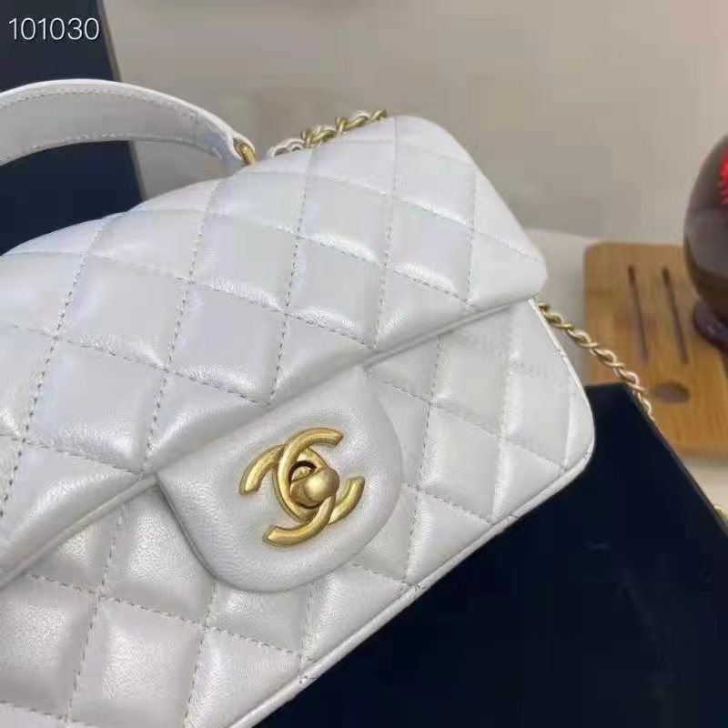 Chanel Women Mini Flap Bag with Top Handle Grained Calfskin Gold Tone Metal  White - LULUX