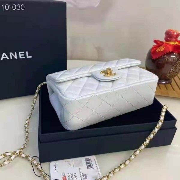 Chanel Women Mini Flap Bag with Top Handle Grained Calfskin Gold Tone Metal White (9)