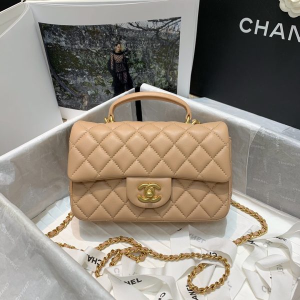 Chanel Women Mini Flap Bag with Top Handle Lambskin & Gold-Tone Metal Sandy (1)
