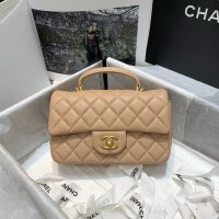 Chanel Women Mini Flap Bag with Top Handle Lambskin & Gold-Tone Metal Sandy