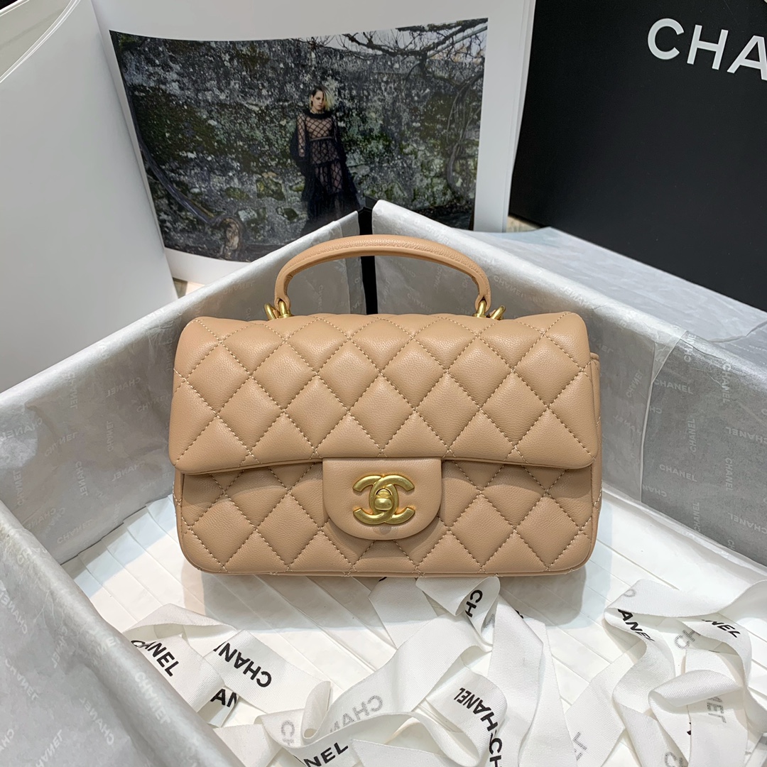 Chanel Women Mini Flap Bag with Top Handle Grained Calfskin Gold-Tone Metal  Sandy - LULUX