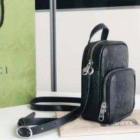 Gucci GG Unisex Embossed Mini Bag Black Leather Cotton Linen