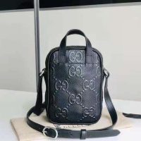 Gucci GG Unisex Embossed Mini Bag Black Leather Cotton Linen