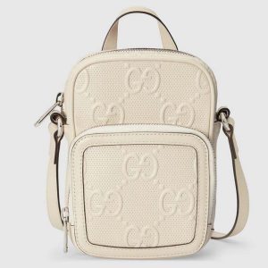 Gucci GG Unisex Embossed Mini Bag White Leather Cotton Linen
