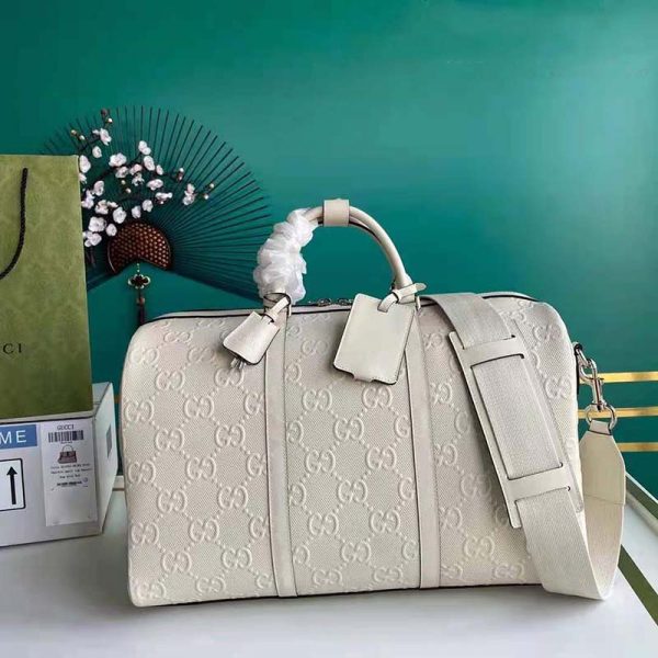 Gucci GG Unisex GG Embossed Duffle Bag White GG Embossed Leather (10)