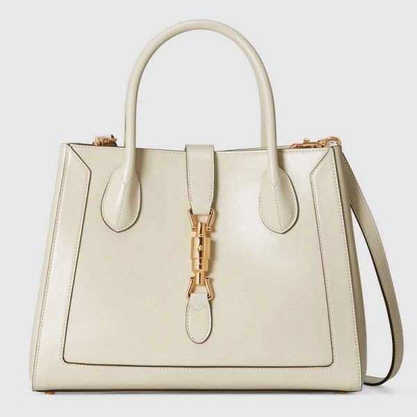 Gucci GG Unisex Jackie 1961 Medium Tote Bag White Leather Gold Toned Hardware