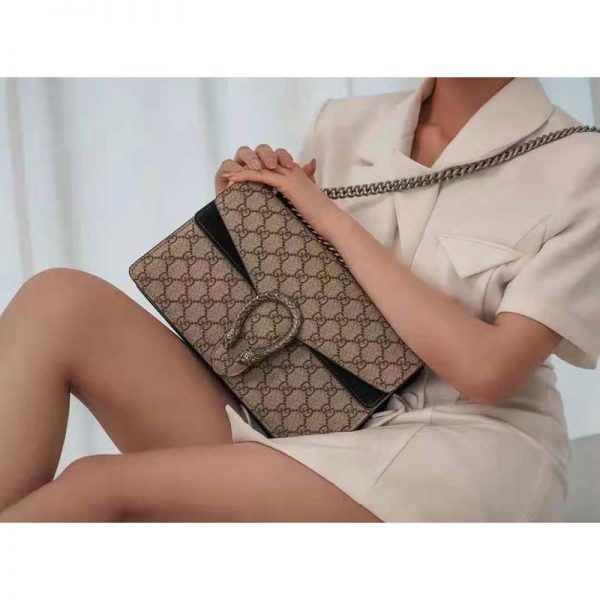 Gucci GG Women Dionysus GG Small Shoulder Bag Beige Ebony GG Supreme Canvas Black Suede (1)