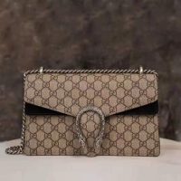 Gucci GG Women Dionysus GG Small Shoulder Bag Beige Ebony GG Supreme Canvas Black Suede