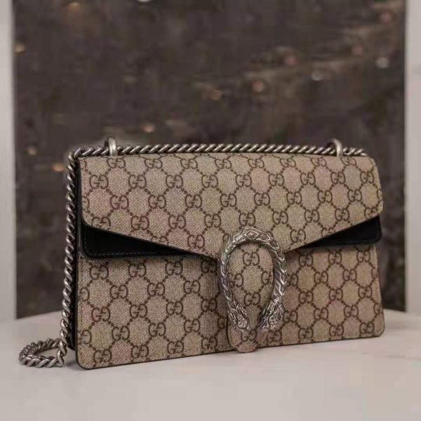 Gucci GG Women Dionysus GG Small Shoulder Bag Beige Ebony GG Supreme Canvas Black Suede (25)
