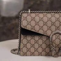 Gucci GG Women Dionysus GG Small Shoulder Bag Beige Ebony GG Supreme Canvas Black Suede