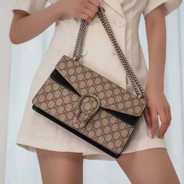 Gucci GG Women Dionysus GG Small Shoulder Bag Beige Ebony GG Supreme Canvas Black Suede (4)