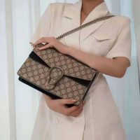 Gucci GG Women Dionysus GG Small Shoulder Bag Beige Ebony GG Supreme Canvas Black Suede