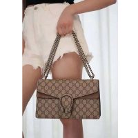 Gucci GG Women Dionysus GG Small Shoulder Bag Beige Ebony GG Supreme Canvas Brown Suede