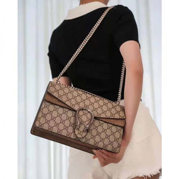 Gucci GG Women Dionysus GG Small Shoulder Bag Beige Ebony GG Supreme Canvas Brown Suede (2)