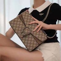 Gucci GG Women Dionysus GG Small Shoulder Bag Beige Ebony GG Supreme Canvas Brown Suede