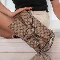 Gucci GG Women Dionysus GG Small Shoulder Bag Beige Ebony GG Supreme Canvas Brown Suede