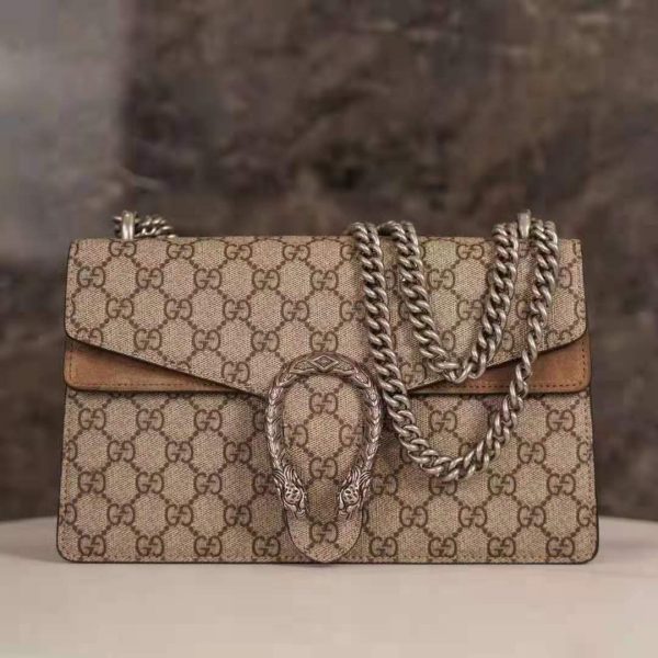 Gucci GG Women Dionysus GG Small Shoulder Bag Beige Ebony GG Supreme Canvas Brown Suede (9)