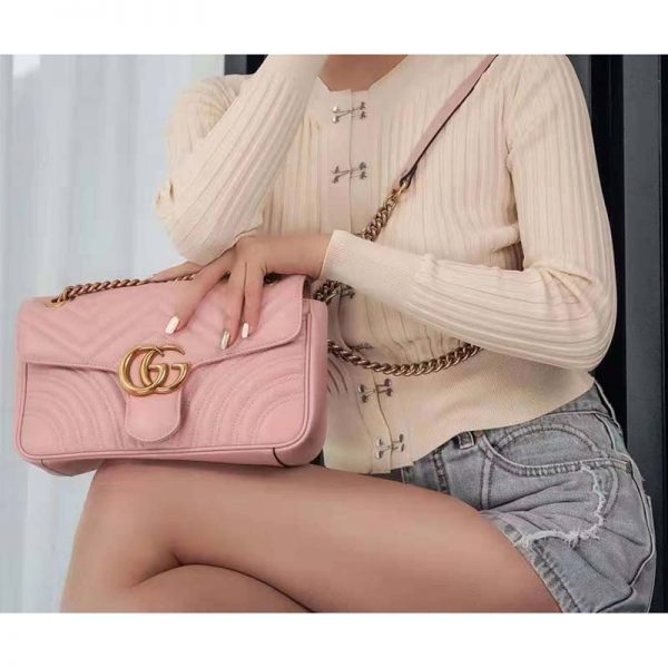 Gucci GG Women GG Marmont Small Pink Matelassé Shoulder Bag Double G (18)