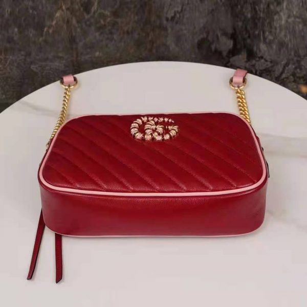 Gucci GG Women GG Marmont Small Shoulder Bag Dark Red Diagonal Matelassé Leather (11)