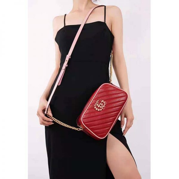 Gucci GG Women GG Marmont Small Shoulder Bag Dark Red Diagonal Matelassé Leather (15)