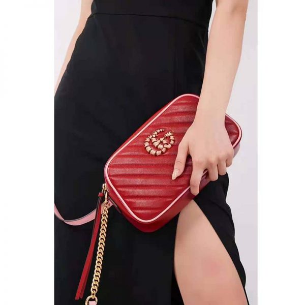 Gucci GG Women GG Marmont Small Shoulder Bag Dark Red Diagonal Matelassé Leather (16)