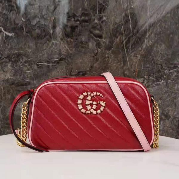Gucci GG Women GG Marmont Small Shoulder Bag Dark Red Diagonal Matelassé Leather (7)
