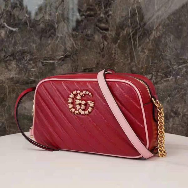 Gucci GG Women GG Marmont Small Shoulder Bag Dark Red Diagonal Matelassé Leather (8)