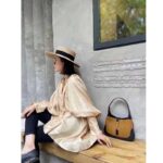 Gucci GG Women Jackie 1961 Small Shoulder Bag Camel Straw Effect Fabric Blue Leather – Bild 9