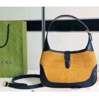 Gucci GG Women Jackie 1961 Small Shoulder Bag Camel Straw Effect Fabric Blue Leather