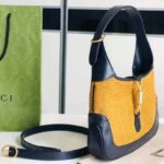 Gucci GG Women Jackie 1961 Small Shoulder Bag Camel Straw Effect Fabric Blue Leather – Bild 4