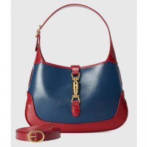 Gucci GG Women Jackie 1961 Small Shoulder Bag Navy Leather Dark Red Leather