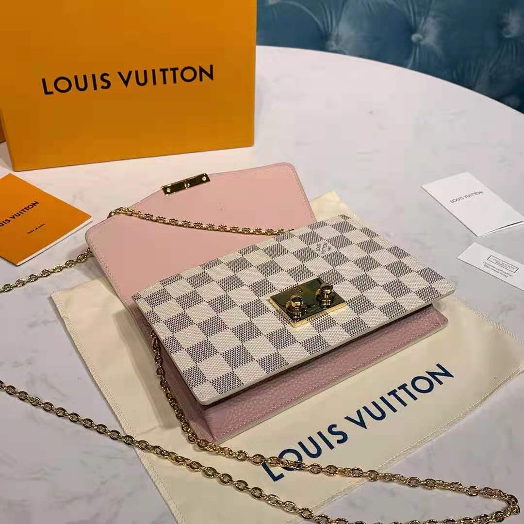 LOUIS VUITTON Damier Ebene Croisette Chain Wallet Rose Ballerine